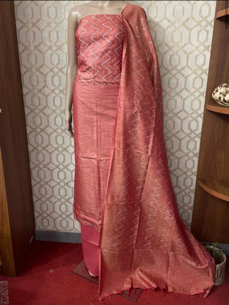 Katan Silk Suit Piece Contessa Red Colour with Bottom and Dupatta Digital Zig-Zag Embroidered
