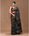 Maheshwari Silk Saree Black Handblock Printed With running blouse (Silk by Silk)