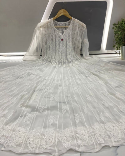 Georgette Anarkali Gown (56 kali) White Color Chikankari work with inner - IndieHaat