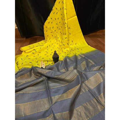 Silkmark Certified Eri Silk Digital Embroidered Yellow Saree with Running Blouse-Indiehaat