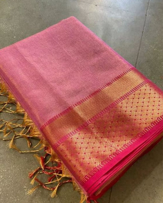 Pure Maheshwari Handwoven Tissue Silk Saree Rose Pink Color with running blouse - IndieHaat