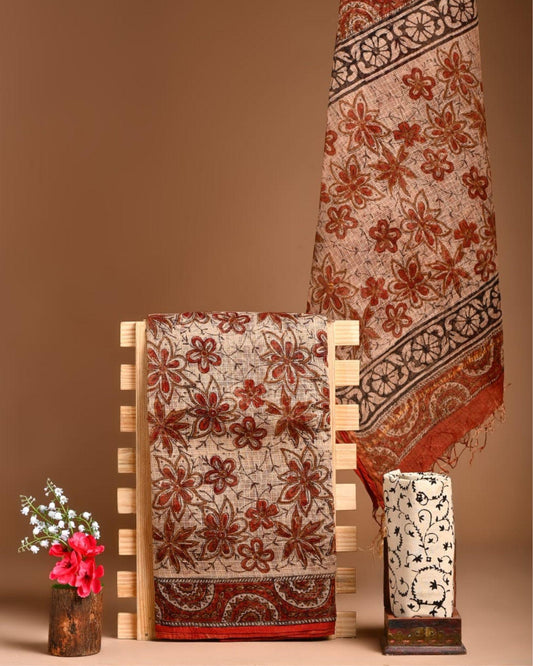 Kota Doria Suit (Top+Bottom+Dupatta) Beige Color Handblock printed - IndieHaat