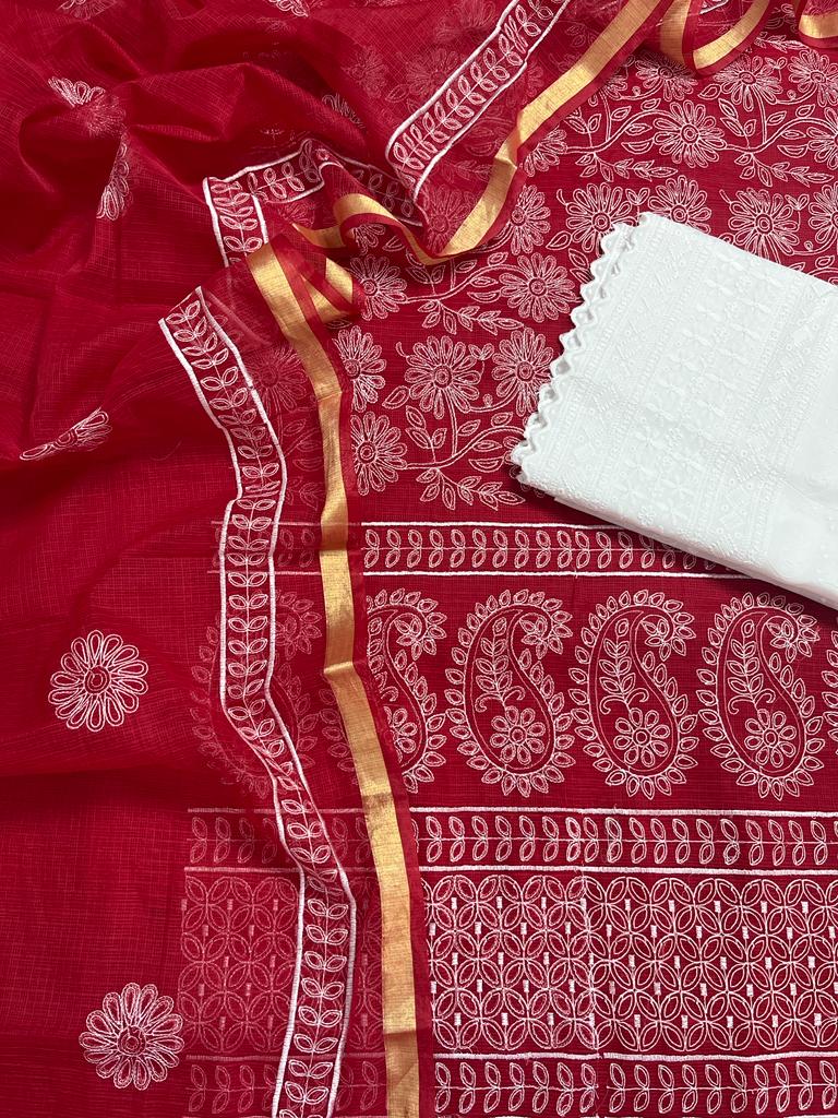 Kota Doria Embroidery Work Suits with Chikankari Embroidery work bottom Carmine Red Colour (TOP+DUPATTA+BOTTOM)