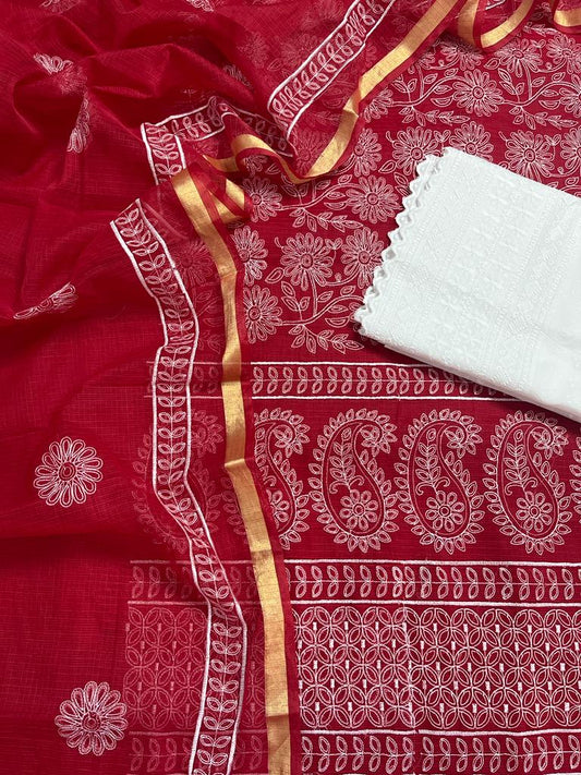 Kota Doria Embroidery Work Suit Material with Chikankari Embroidery work bottom Carmine Red Colour (TOP+DUPATTA+BOTTOM)-Indiehaat