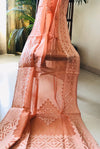 Organdy Cotton Saree Applique work Tangerine Red Colour with running blouse-Indiehaat