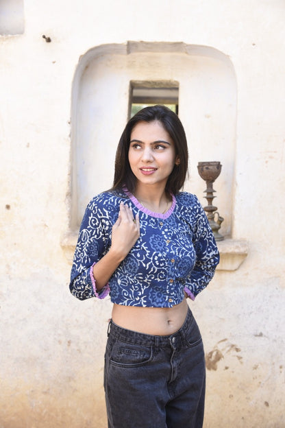 Crop Top Stitched Blouse Blue and White Pure Cotton Bagru Handblock Printed-Indiehaat