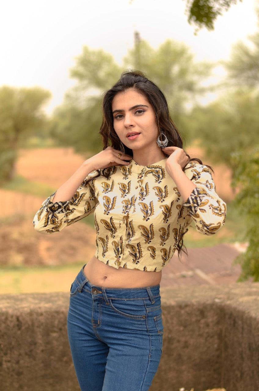 Crop Top Stitched Blouse Pure Cotton Bagru Handblock Printed (Size 34-46)
 Length 16 Inch (Length And Sleeve Customizable)