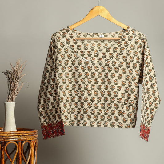 Crop Top Stitched Blouse Cream and White Pure Cotton Bagru Handblock Printed-Indiehaat