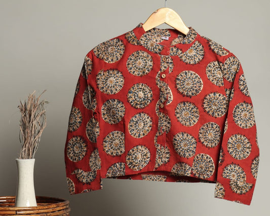 Crop Top Stitched Blouse Red and Cream Pure Cotton Bagru Handblock Printed-Indiehaat
