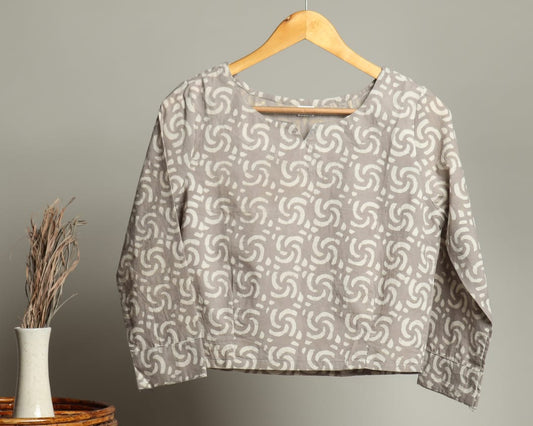 Crop Top Stitched Blouse Grey and White Pure Cotton Bagru Handblock Printed-Indiehaat