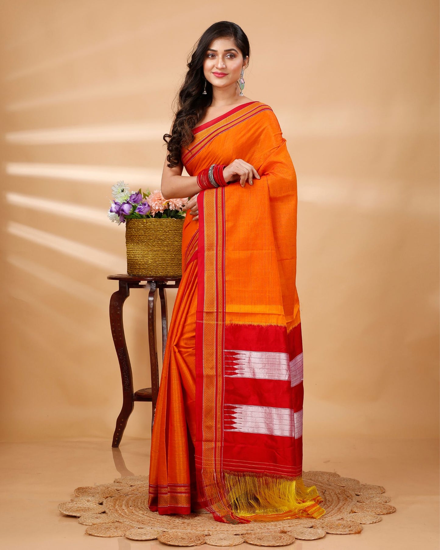 ILKAL Handloom Cotton Silk Saree Bright Orange Color with running blouse - IndieHaat
