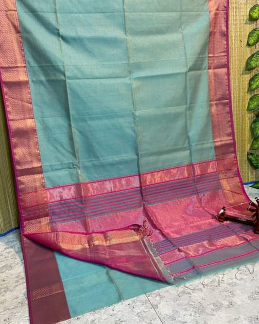 Pure Maheshwari Handwoven Tissue Silk Saree Pale Turquoise Color with running blouse - IndieHaat