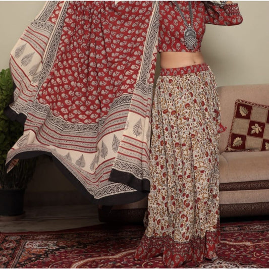 Handblock Printed Cotton Red and Beige Lehanga And Top With Mulmul Dupatta | Indiehaat