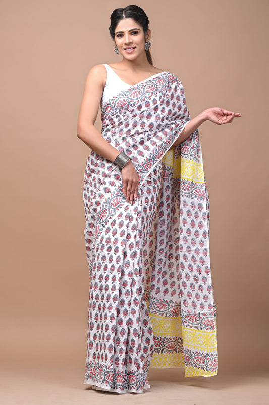 Mulmul Cotton Saree Off-White Color Handblock Printed with running blouse - IndieHaat