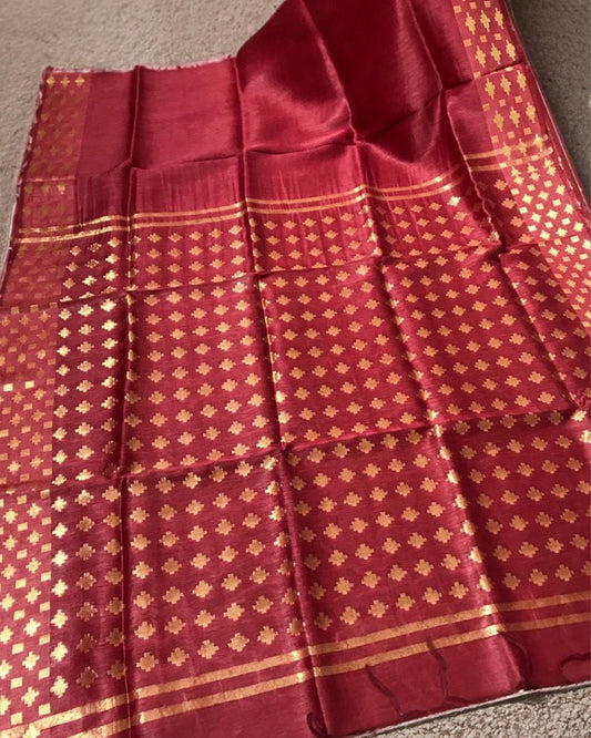 Pure Silk Linen Handloom Saree Burgundy Red Color with Weaving Pattern Design and running blouse - IndieHaat