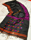Pure Handloom Black Linen Saree Contrast Border And Pallu With Running Blouse-Indiehaat