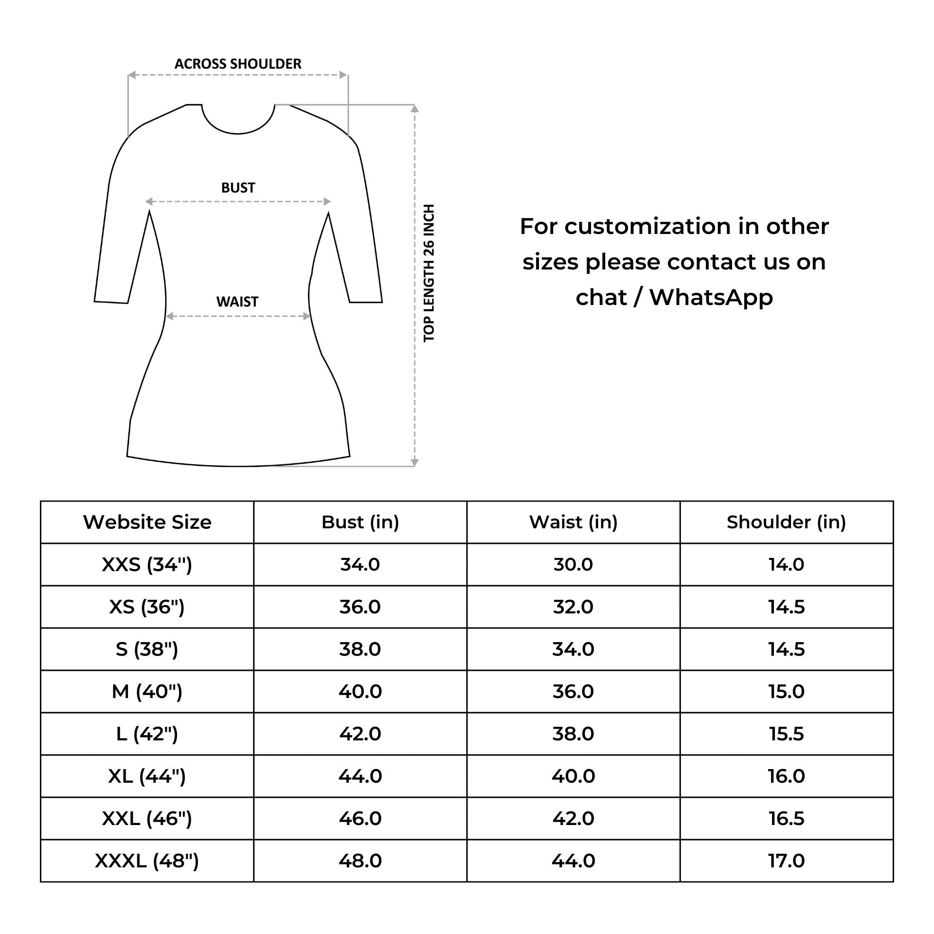 Size chart for IndieHaat products - Dresses
