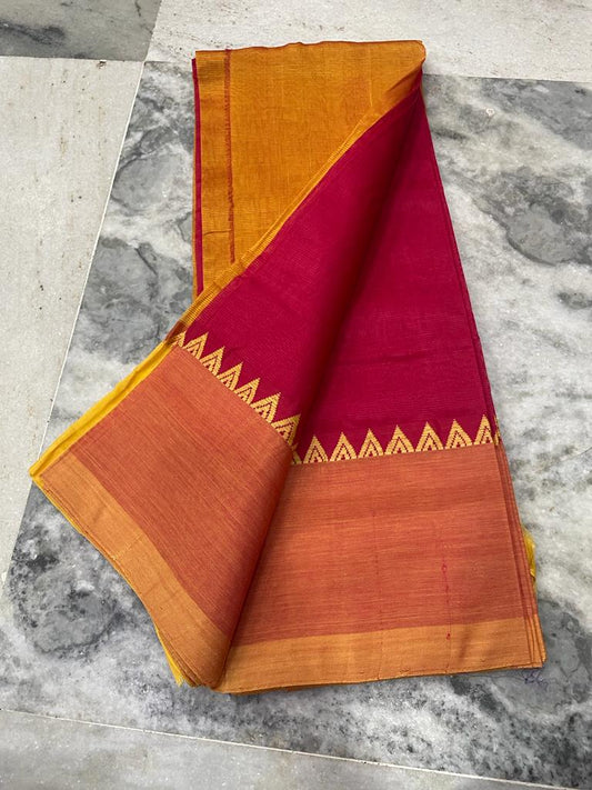 Cotton Silk Saree TempleBorder Red 12% Off - IndieHaat