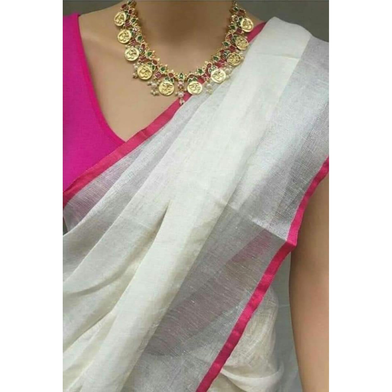 Handwoven Pure Linen White Saree with Blouse-Indiehaat