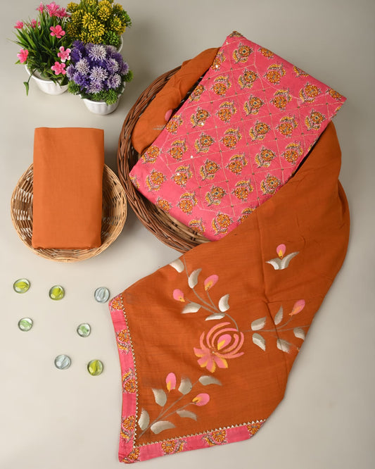 Cotton Suits Begonia Pink Color Handwork with Mulmul Heavy Handwork Dupatta - IndieHaat