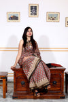 Pure Maheshwari Silk Saree Brown Hand block Printed with running blouse (Silk by Silk)-Indiehaat