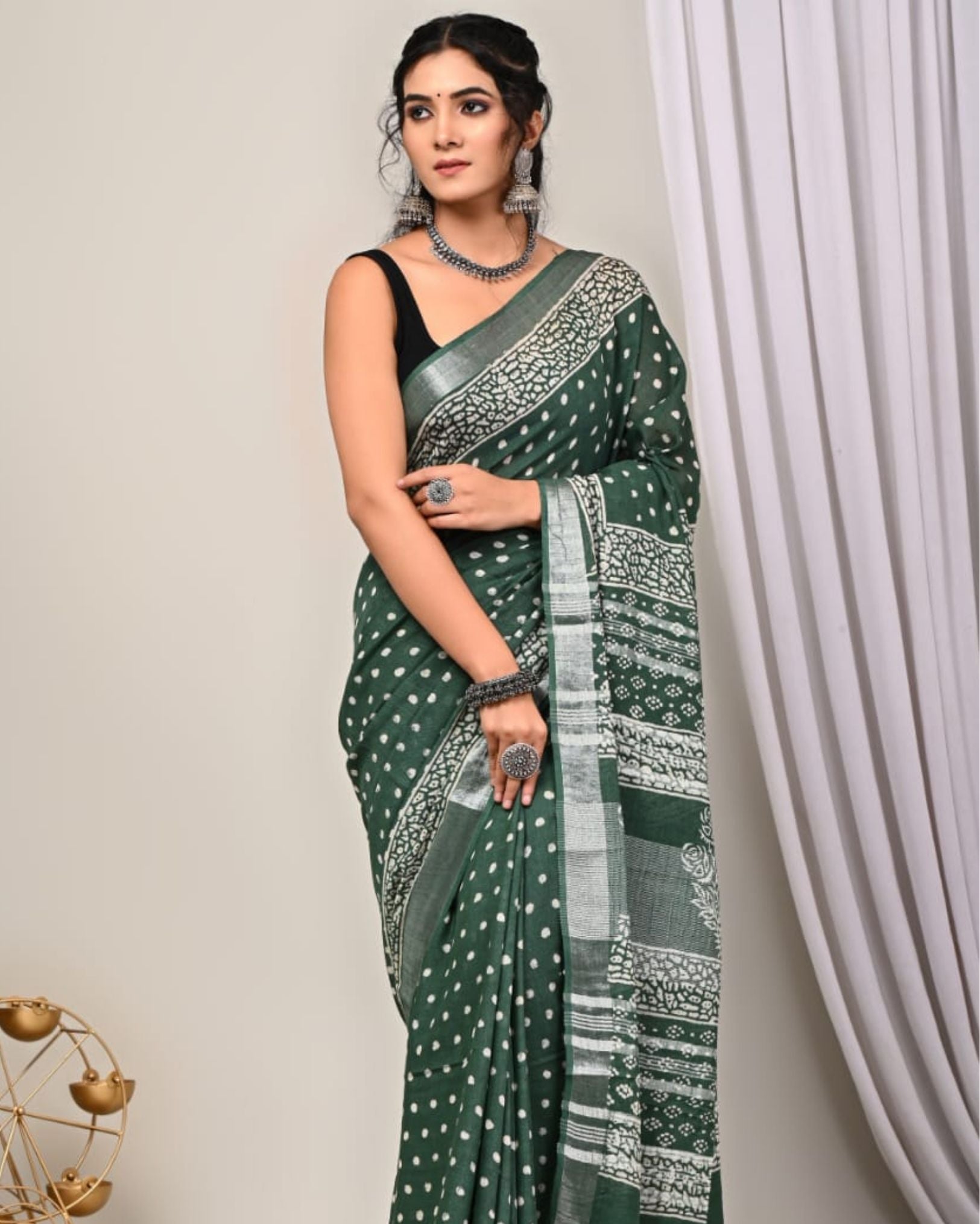 Linen Saree Dark Green Color Handblock Kalamkari Printed with running blouse - IndieHaat