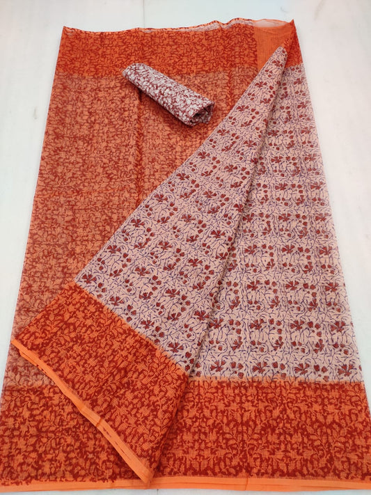 Kota Doria Handblock Printed Orange color Saree with blouse-Indiehaat