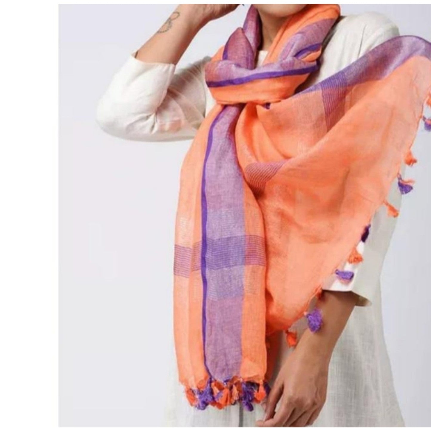 Hand Dyed Pure Linen Ornage Dupatta-Indiehaat