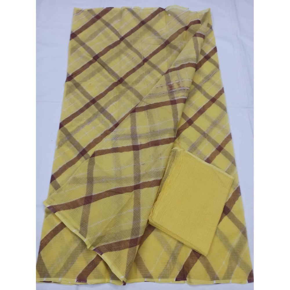 Cotton Kota Doria Saree Yellow Color with blouse Handcrafted-Indiehaat