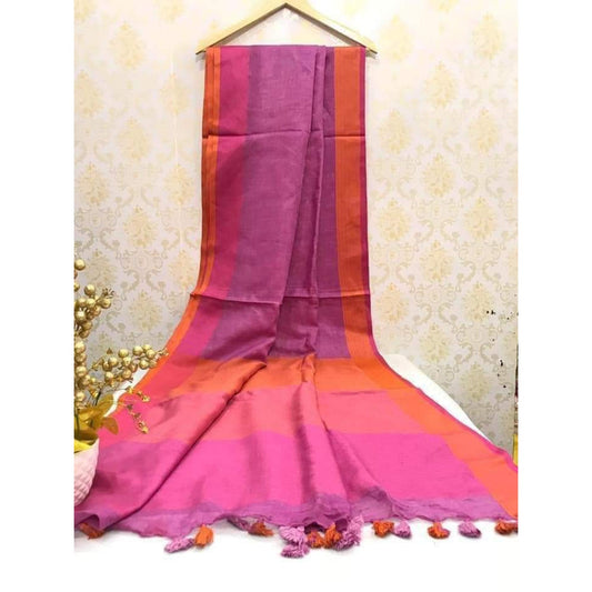 Handwoven Pure Linen Pink Saree with Blouse-Indiehaat