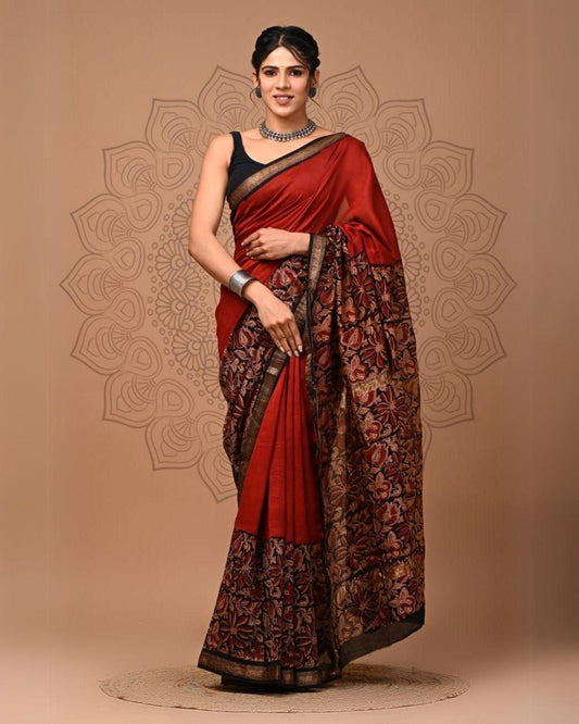 Maheshwari Silk Saree dark red Handblock Printed With running blouse (Silk by Silk)