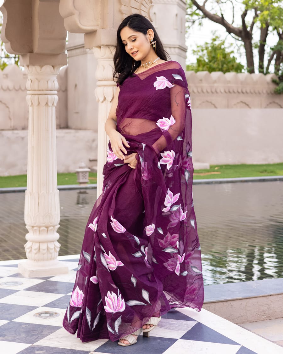 Organza Silk Saree Magenta Purple Color Hand Painted with running blouse - IndieHaat