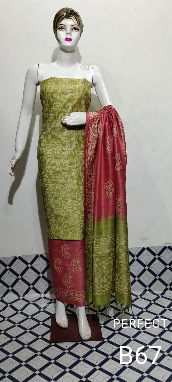 Khadi Cotton Batik Handblock Print Green Suit Piece with Bottom and Dupatta-Indiehaat