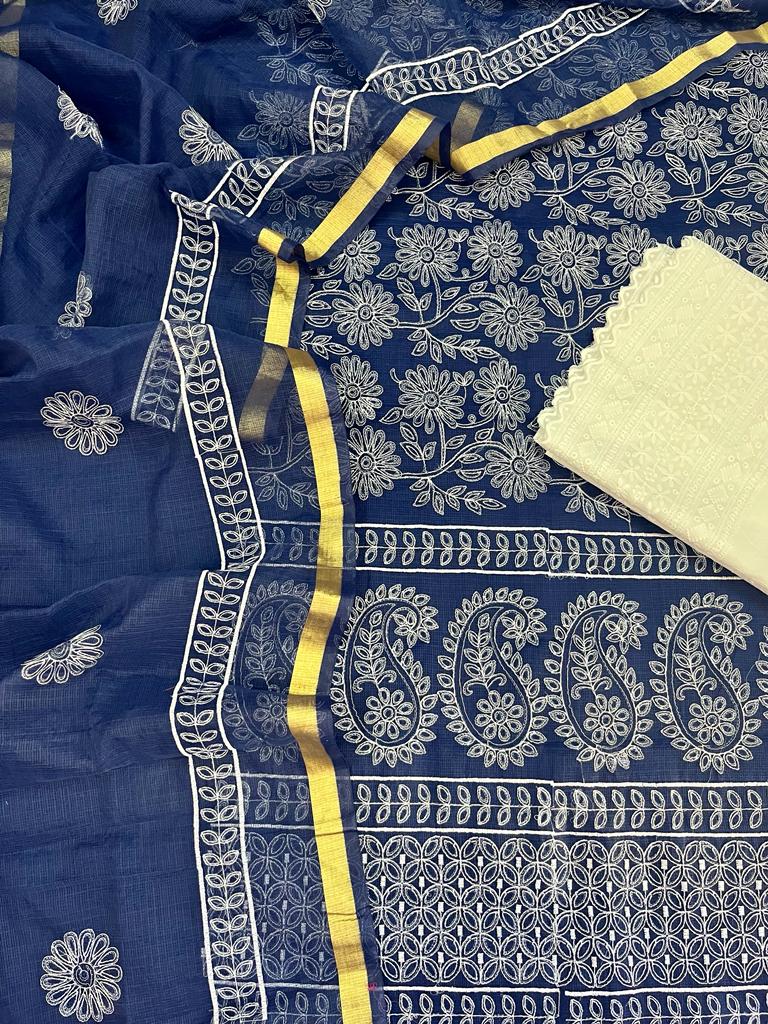 Kota Doria Embroidery Work Suits with Chikankari Embroidery work bottom Cadet Blue Colour (TOP+DUPATTA+BOTTOM)