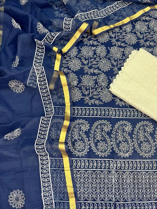 Kota Doria Embroidery Work Suit Material with Chikankari Embroidery work bottom Cadet Blue Colour (TOP+DUPATTA+BOTTOM)-Indiehaat