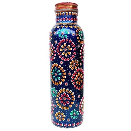 Rajasthani Handcpainted Pure Copper Blue Bottles -1 Litre-Indiehaat