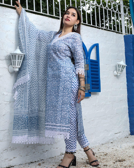 Kota Doria Cotton Suit (Top+Bottom+Dupatta) Blue Color Handblock print with Stitch embroidery work - IndieHaat