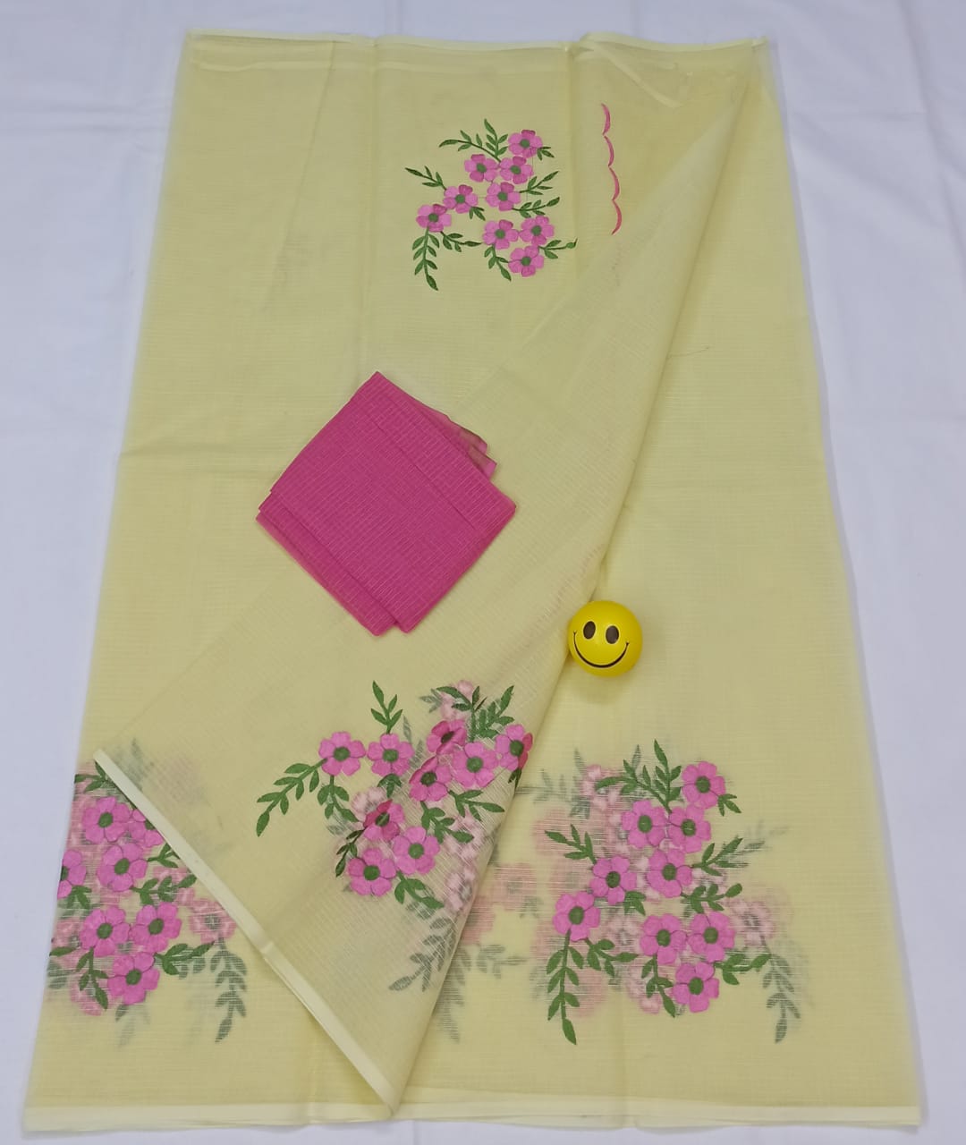 Kota Doria Yellow Pure Cotton Embroidery Saree With Blouse Handcrafted-Indiehaat
