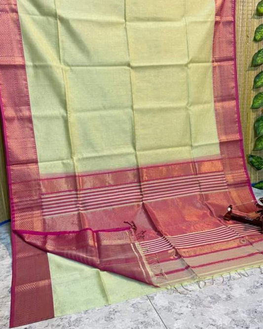 Pure Maheshwari Handwoven Tissue Silk Saree Pale Olive Yellow Color with running blouse - IndieHaat
