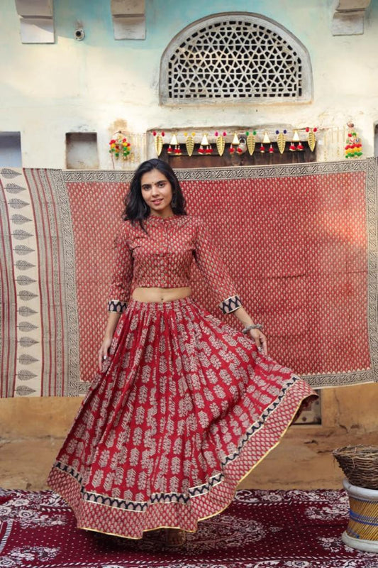 Handblock Printed Cotton Red Lehanga And Top With Mulmul Dupatta | Indiehaat