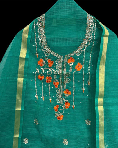 Kota Doria Green Suit Hand Gota Patti Work-Indiehaat
