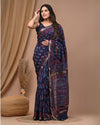 Maheshwari Silk Saree blue Handblock Printed With running blouse (Silk by Silk)