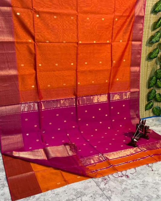Maheshwari Handloom Handwoven Saree Orange Color Double Design Zari Border with flower buti pallu and contrast blouse - IndieHaat