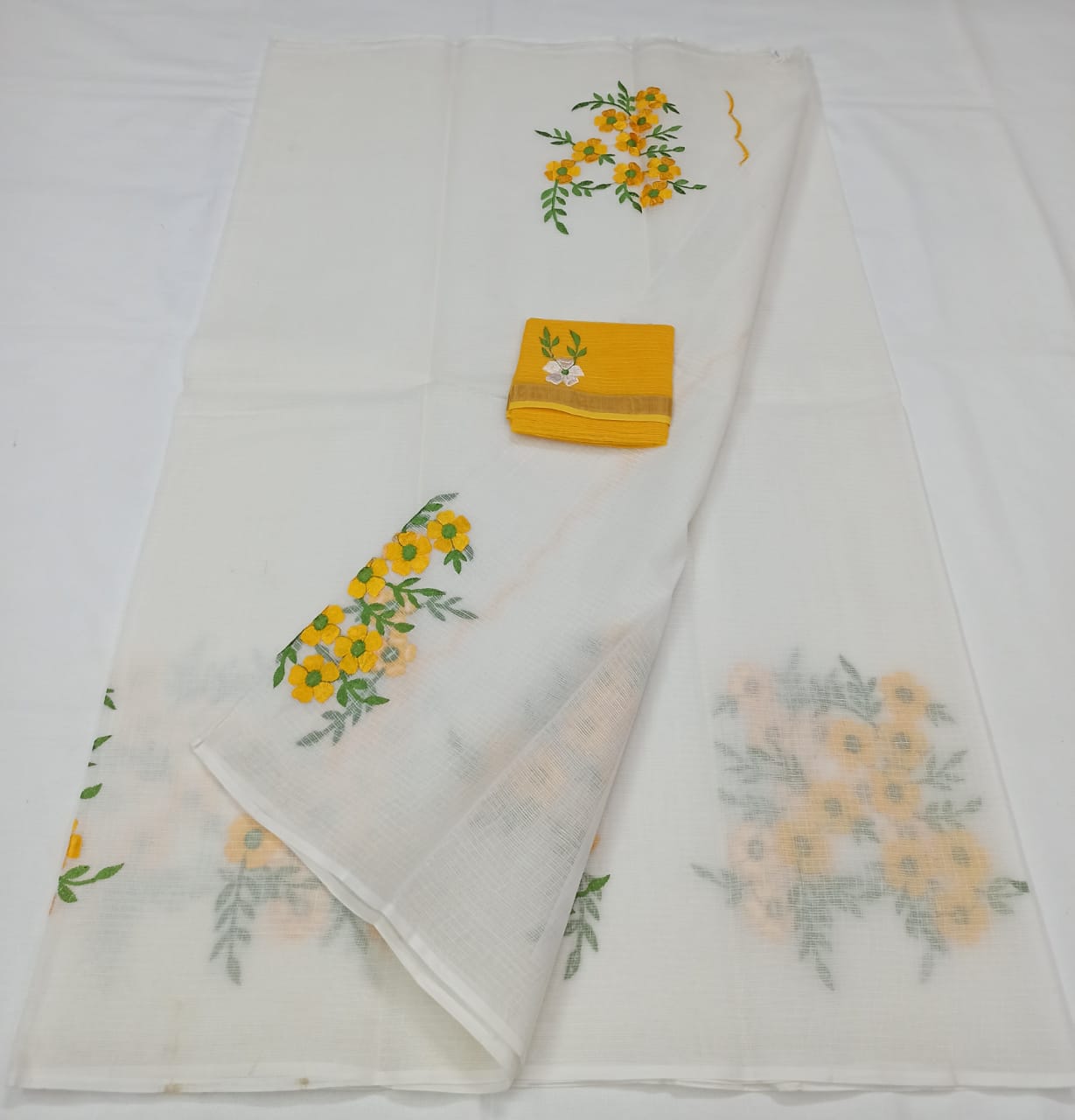 Kota Doria White Pure Cotton Embroidery Saree With Blouse Handcrafted-Indiehaat