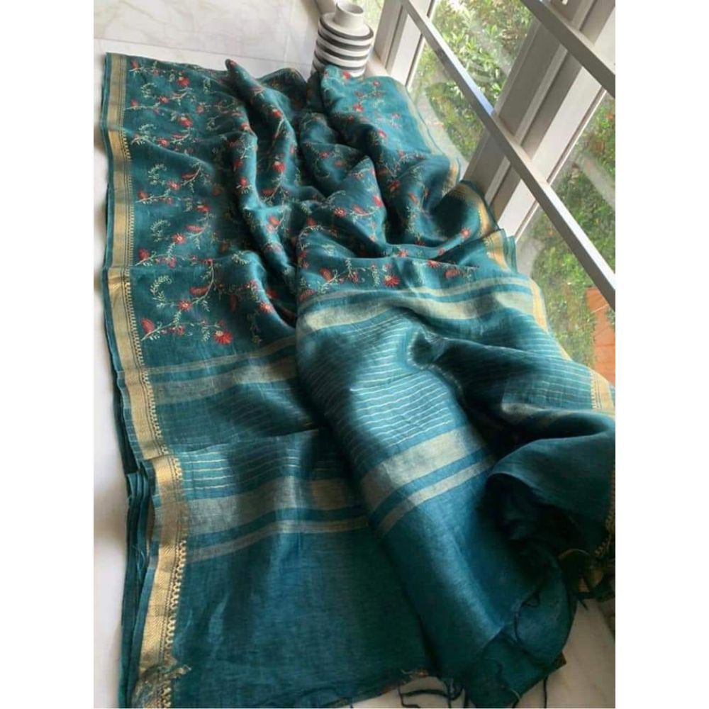 Silk Linen Digital Embroidered Handloom Blue Saree with Running Blouse-Indiehaat