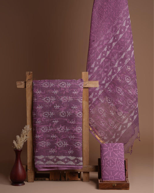 Kota Doria Suit (Top+Bottom+Dupatta) Purple Color Handblock printed - IndieHaat