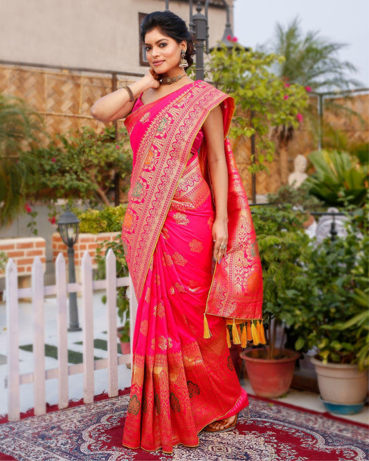 Banarasi Silk Saree Dark Pink Color with contrast pallu and blouse - IndieHaat
