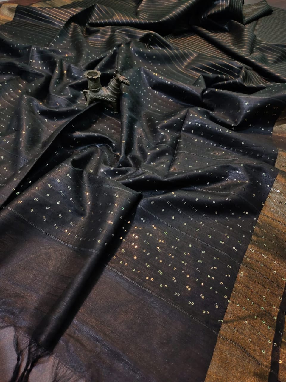 Kota Slub Striped Body Sequence Pallu Hand Dyed Black Colour Saree with Blouse-Indiehaat