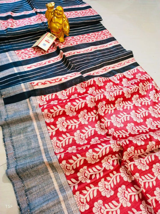 Silkmark Certified Tussar Silk Handloom Handblock Printed Red and Blue Saree with Blouse-Indiehaat