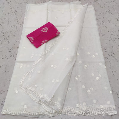 Kota Doria Sarees Embroidery work with blouse Silver White Colour-Indiehaat